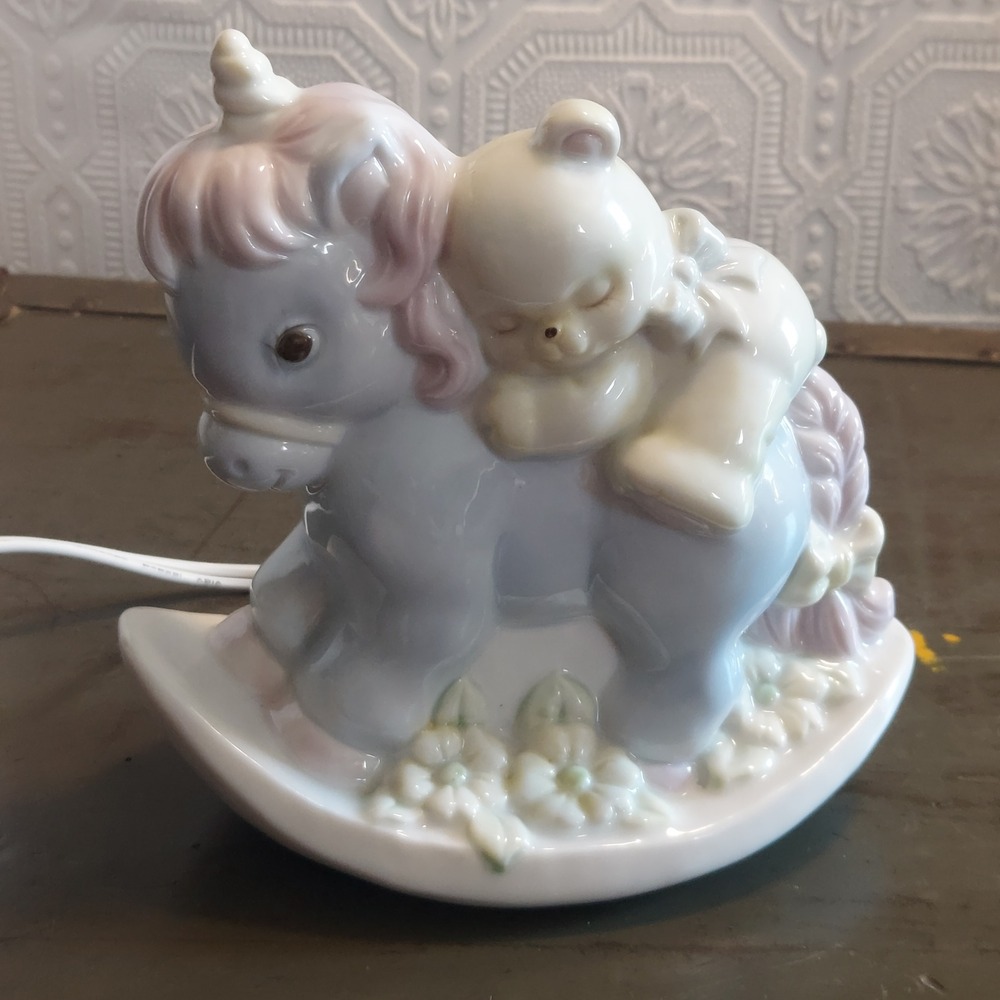 Vintage 1989 Enesco Ceramic Rocking Unicorn Teddy Bear Night Light Blue Pink